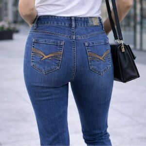 Beau Midrise Gold Topstitched Slim Straight Blue Denim Jeans Logo Hardware 8